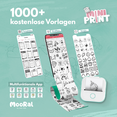 Der Mini Print™ Drucker von Mooral bietet über 1000 kostenlose Vorlagen für Etiketten, Sticker und kreative Projekte.