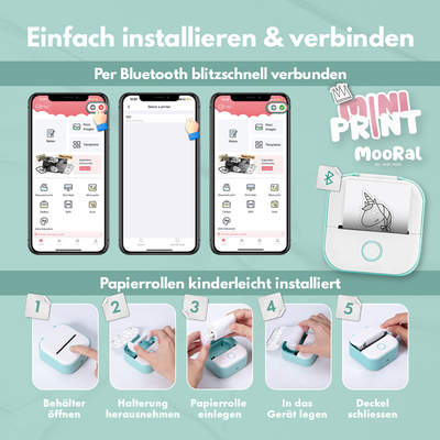 Einfache Einrichtung und Verbindung des Mini Print™ Druckers von Mooral über Bluetooth in nur drei einfachen Schritten.