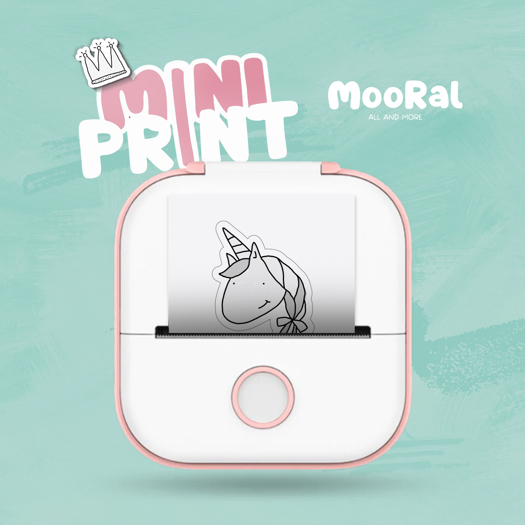 Frontansicht des Mini Printer von Mooral in pinker Farbe – kompakter und vielseitiger Mini-Drucker.