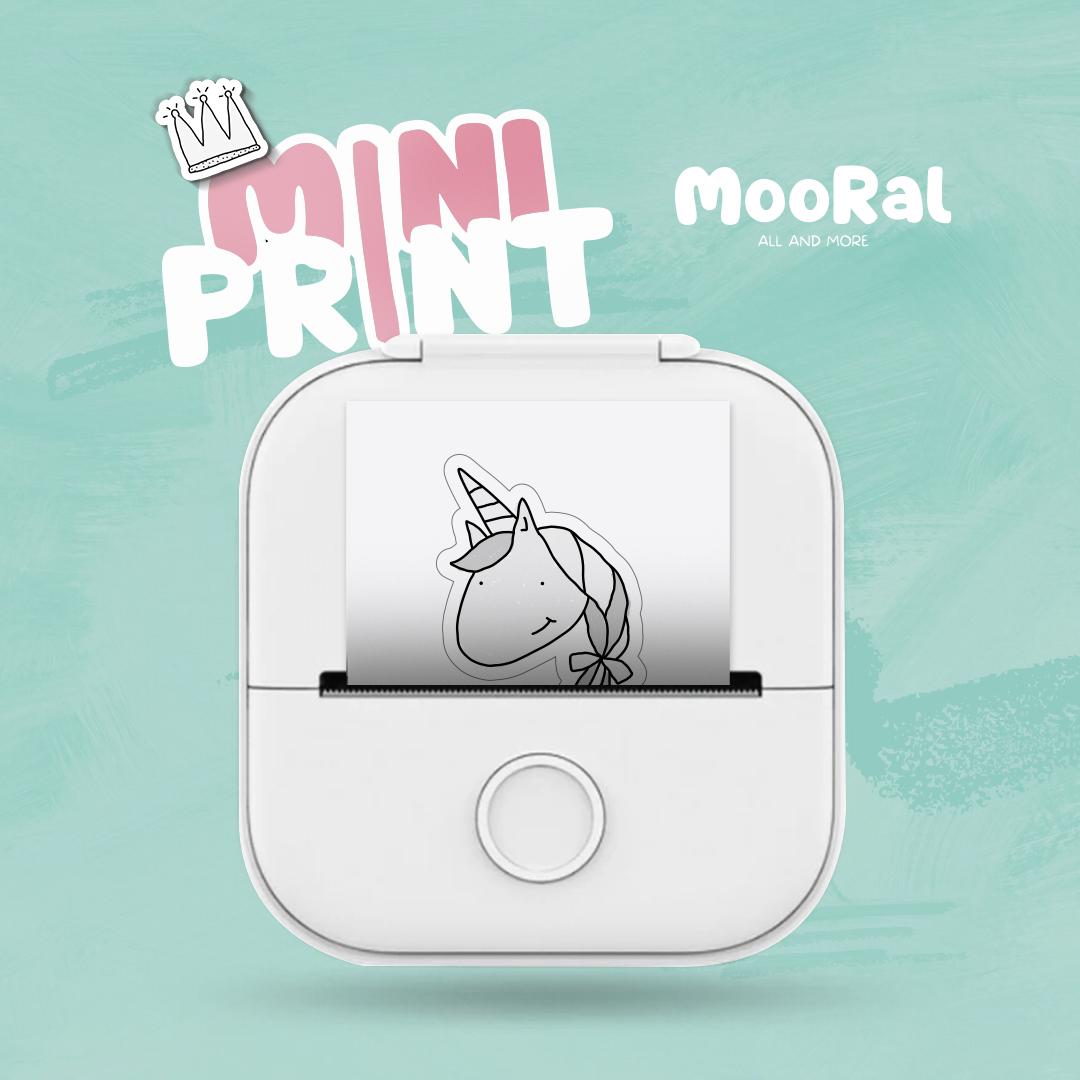 Frontansicht des Mini Printer von Mooral in weisser Farbe – kompakter und vielseitiger Mini-Drucker.