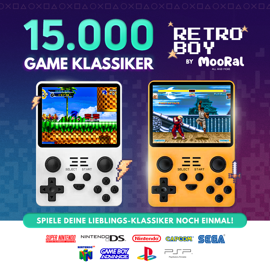 Entdecke über 15'000 Retro-Game-Klassiker auf dem RetroBoy Gameboy von Mooral. Deine Lieblingsspiele aus der Vergangenheit, wann und wo du willst.