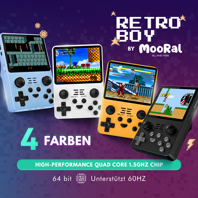 Erhältlich in 4 coolen Farben – Der RetroBoy Gameboy von Mooral für Retro-Gamer in Weiss, Schwarz, Blau und Gelb. Finde deinen Style und starte dein Gaming-Abenteuer.