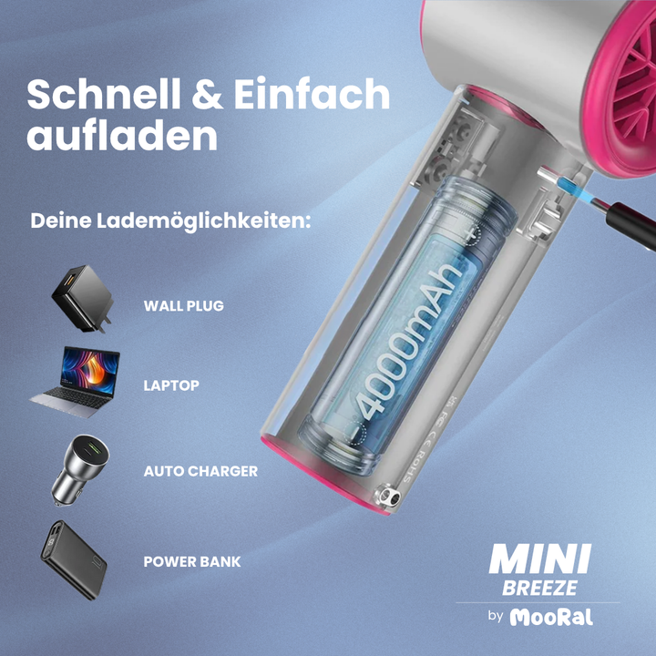 Mini Breeze Ventilator mit 4000mAh Akku – tragbarer USB-Ventilator einfach aufladbar über Laptop, Auto oder Powerbank.