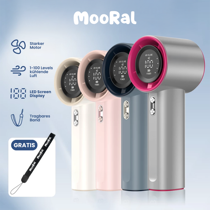 Mini Breeze Ventilator in allen Farben – leistungsstarker Handventilator mit LED-Display, 100 Luftstufen und Gratis-Trageband.