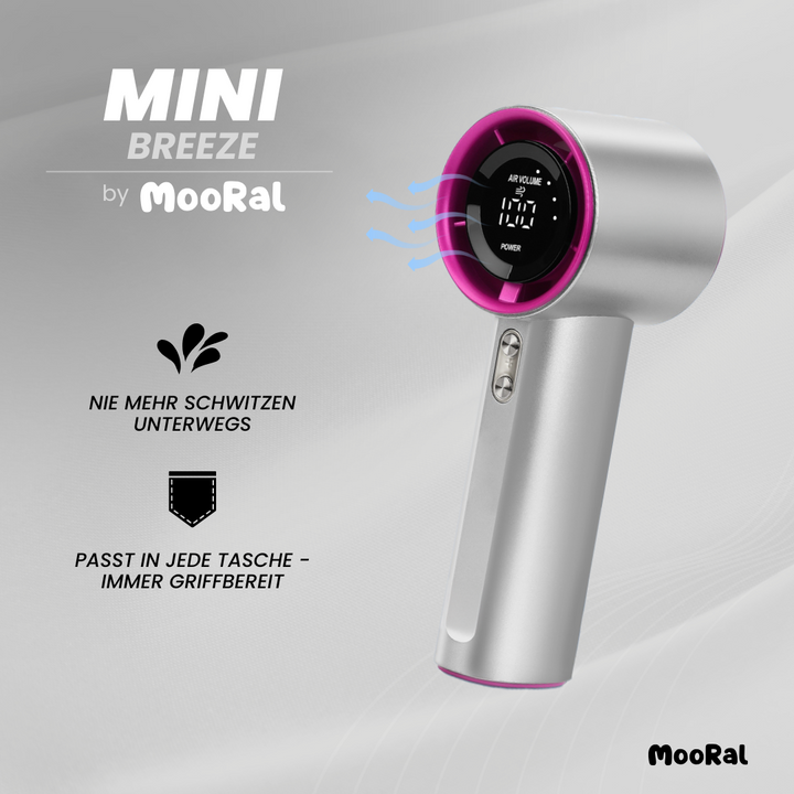 Mini Breeze Handventilator in Silber mit pinkem Rand – kompakter USB-Ventilator gegen Schwitzen unterwegs von MooRal.