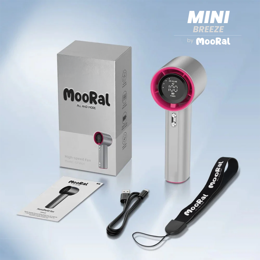 Mini Breeze Ventilator Lieferumfang – inkl. USB-Kabel, Trageband und hochwertiger Verpackung von MooRal.