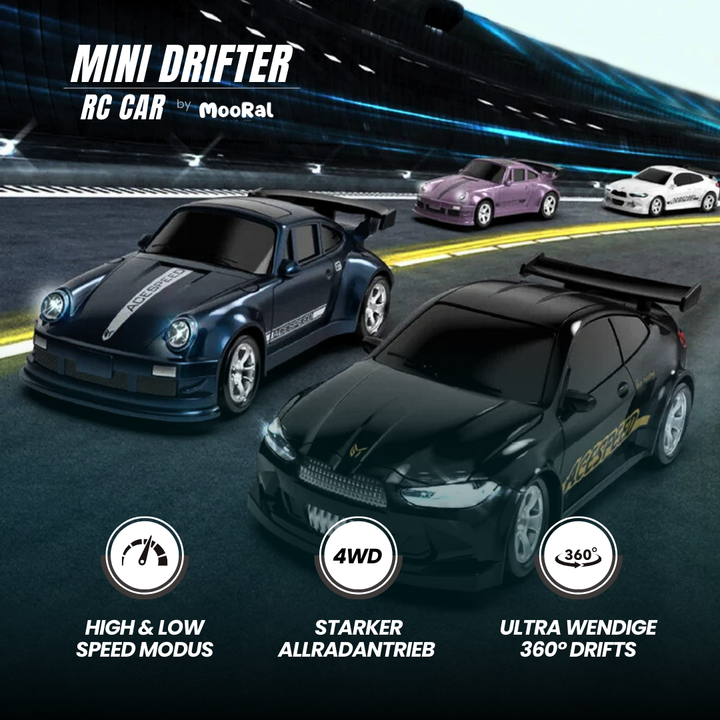 Mini Drifter RC Cars in verschiedenen Farben mit Highlight-Funktionen wie 4WD und 360° Drifts