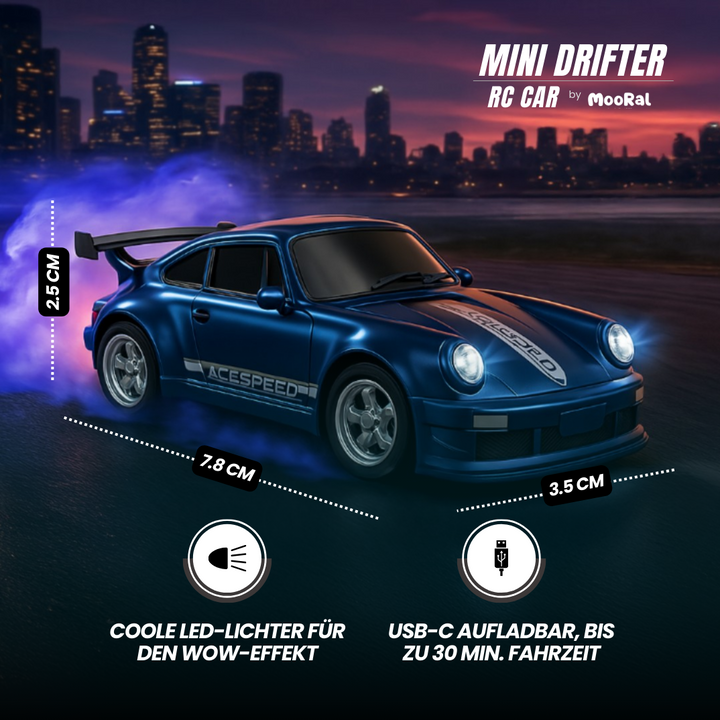Abmessungen des Mini Drifter RC Cars mit LED-Lichtern und USB-C Ladefunktion