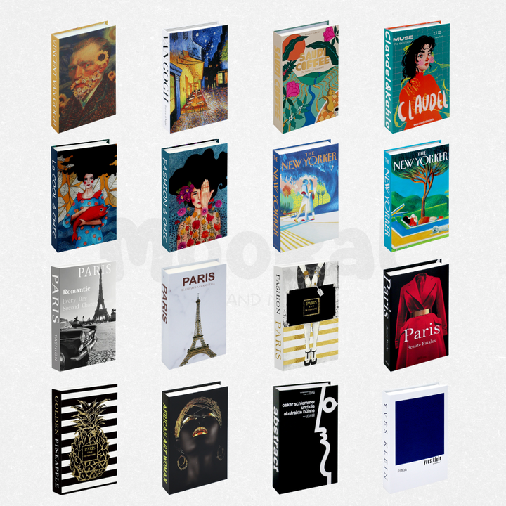 Deko und Aufbewahrungsbuecher Set von Mooral mit Kunst und City Motiven, u. a. Van Gogh, The New Yorker, Paris und Golden Pineapple. Hochwertige Coffee Table Buecher fuer Wohnzimmer und Regal
